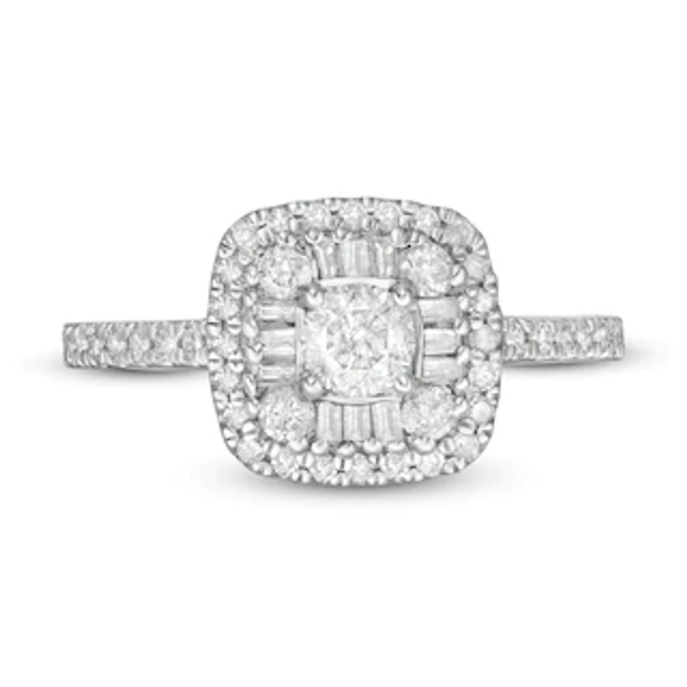 0.69 CT. T.W. Baguette and Round Diamond Cushion Frame Ring in 10K Rose Gold|Peoples Jewellers