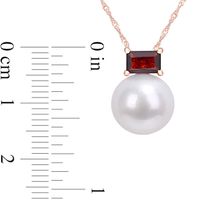 11.0-12.0mm Freshwater Cultured Pearl and Sideways Baguette Garnet Pendant in 10K Rose Gold-17"|Peoples Jewellers