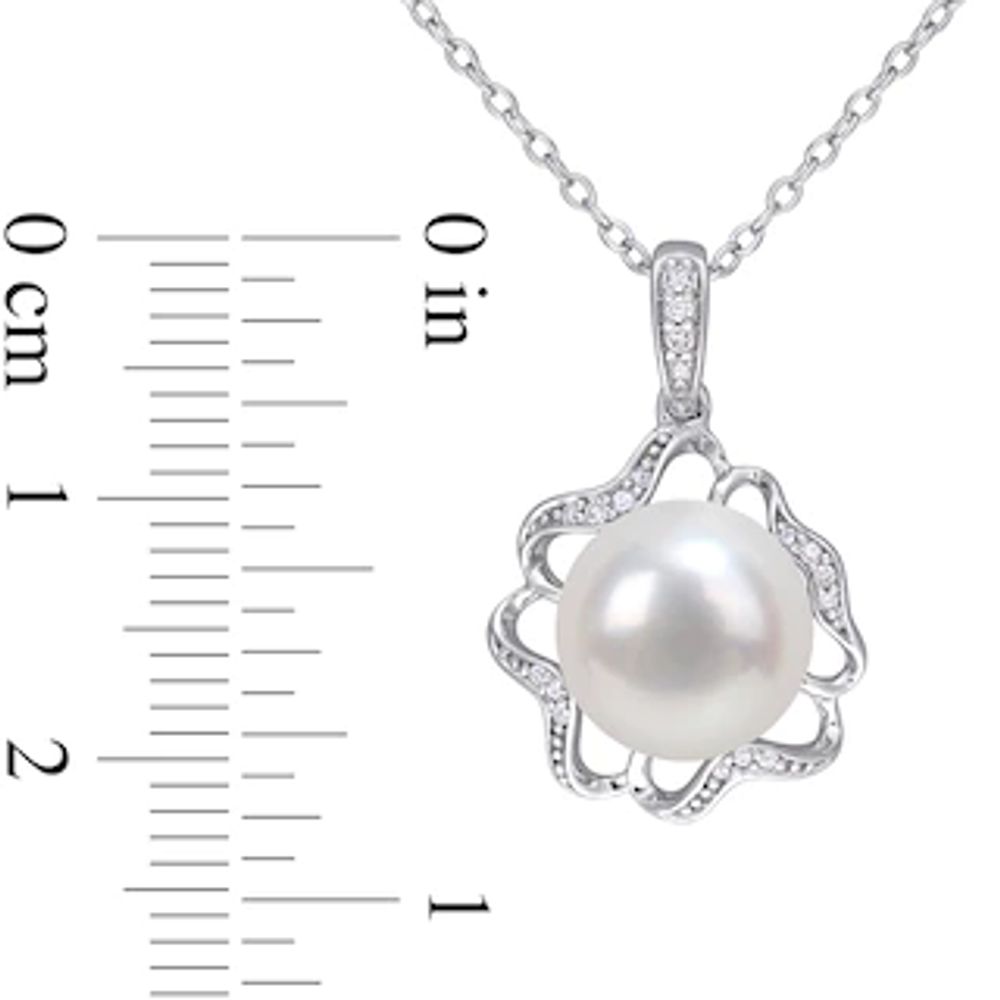 9.5-10.0mm Button Freshwater Cultured Pearl and 0.06 CT. T.W. Diamond Clover Frame Drop Pendant in Sterling Silver|Peoples Jewellers