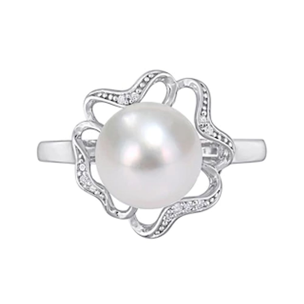 9.0-9.5mm Button Freshwater Cultured Pearl and Diamond Accent Clover Frame Ring in Sterling Silver|Peoples Jewellers