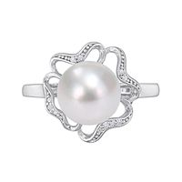9.0-9.5mm Button Freshwater Cultured Pearl and Diamond Accent Clover Frame Ring in Sterling Silver|Peoples Jewellers