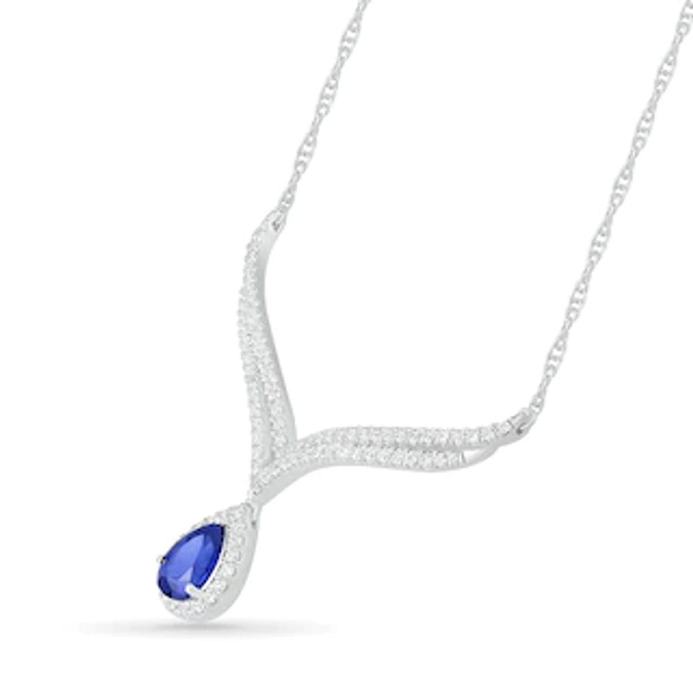 Pear-Shaped Lab-Created Blue and White Sapphire Frame Double Row Chevron with Teardrop Necklace in Sterling Silver|Peoples Jewellers