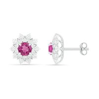 5.0mm Lab-Created and White Sapphire Frame Flower Stud Earrings in Sterling Silver|Peoples Jewellers