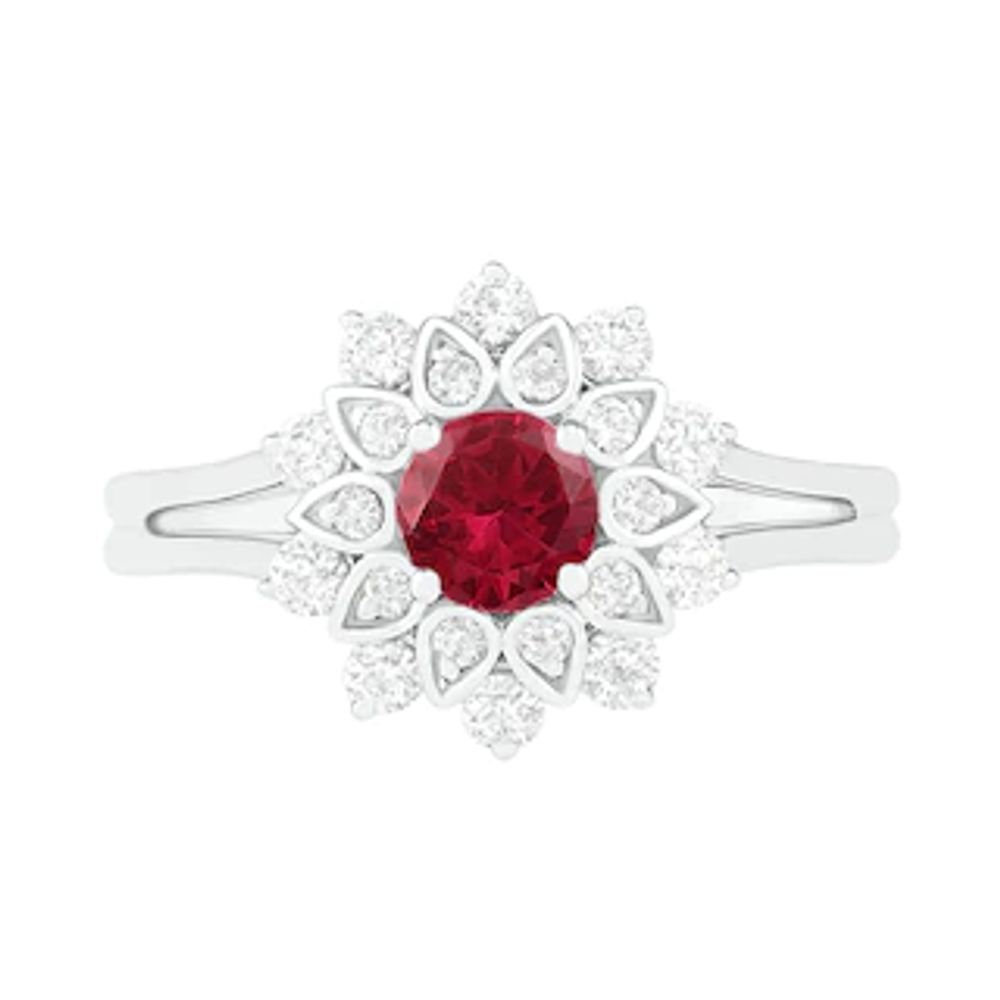 5.0mm Lab-Created Ruby and White Sapphire Frame Split Shank Flower Ring in Sterling Silver|Peoples Jewellers