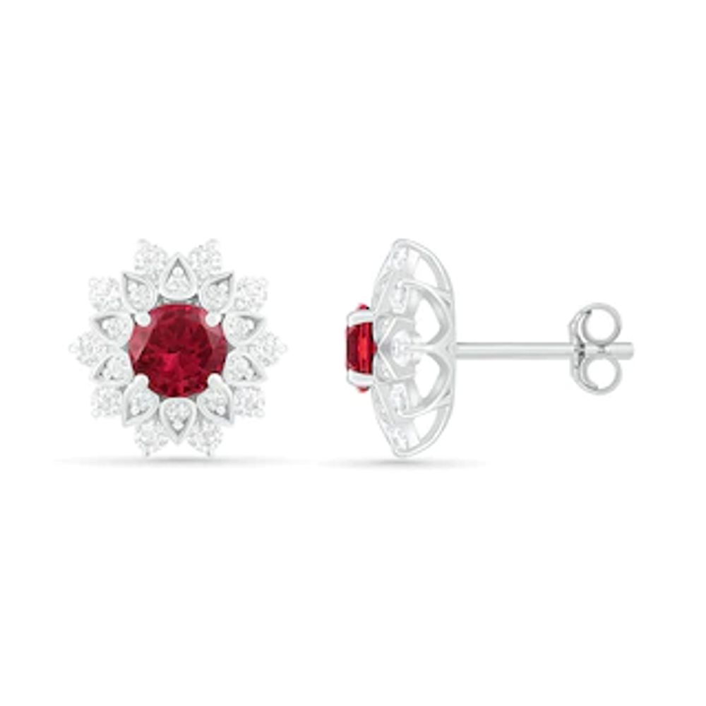 5.0mm Lab-Created Ruby and White Sapphire Frame Flower Stud Earrings in Sterling Silver|Peoples Jewellers