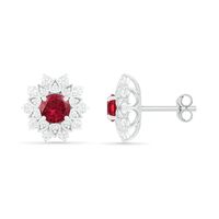 5.0mm Lab-Created Ruby and White Sapphire Frame Flower Stud Earrings in Sterling Silver|Peoples Jewellers