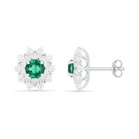 5.0mm Lab-Created Emerald and White Sapphire Frame Flower Stud Earrings in Sterling Silver|Peoples Jewellers