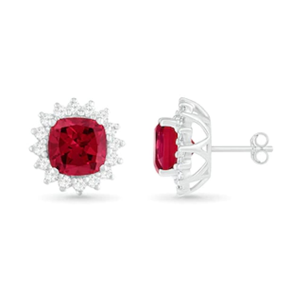 6.0mm Cushion-Cut Lab-Created Ruby and White Sapphire Sunburst Frame Stud Earrings in Sterling Silver|Peoples Jewellers