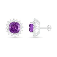 6.0mm Cushion-Cut Amethyst and Lab-Created White Sapphire Sunburst Frame Stud Earrings in Sterling Silver|Peoples Jewellers