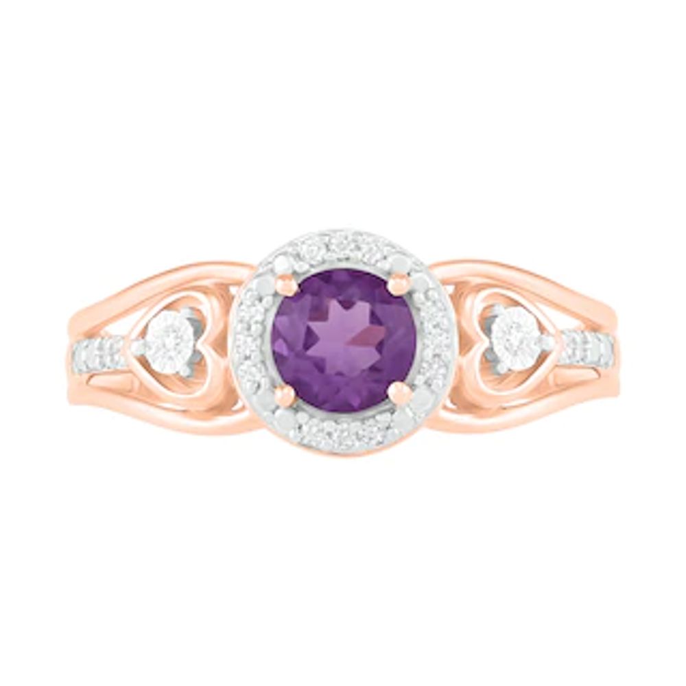 5.0mm Amethyst and 0.06 CT. T.W. Diamond Frame Heart-Sides Split Shank Ring in 10K Rose Gold|Peoples Jewellers