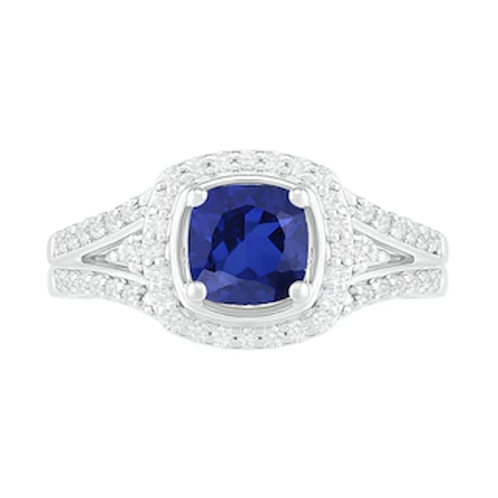 6.0mm Cushion-Cut Blue and White Lab-Created Sapphire Frame Split Shank Ring in Sterling Silver|Peoples Jewellers
