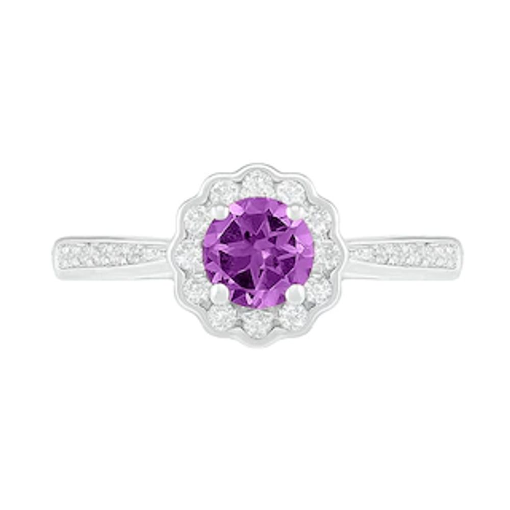 5.2mm Amethyst and White Lab-Created Sapphire Frame Tapered Shank Flower Ring in Sterling Silver|Peoples Jewellers