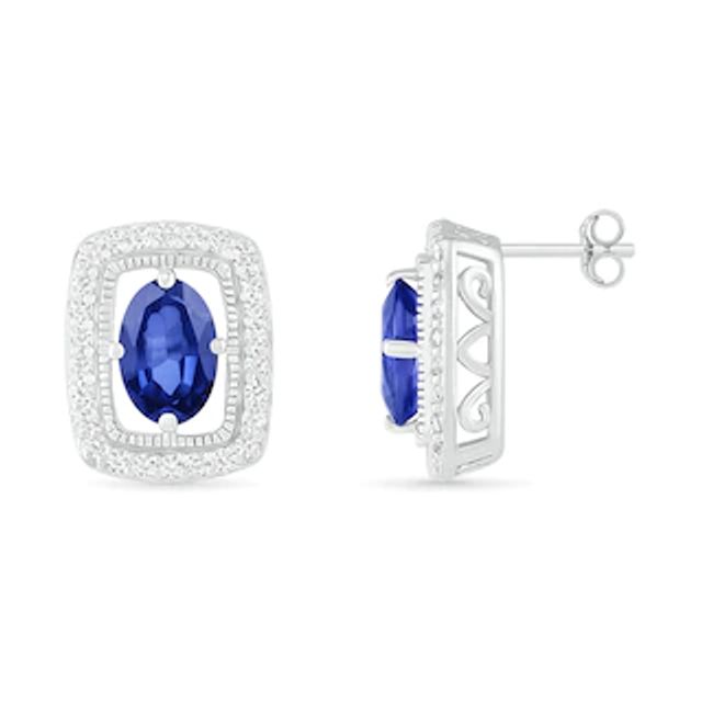 Oval Blue and White Lab-Created Sapphire Open Cushion Frame Vintage-Style Stud Earrings in Sterling Silver|Peoples Jewellers