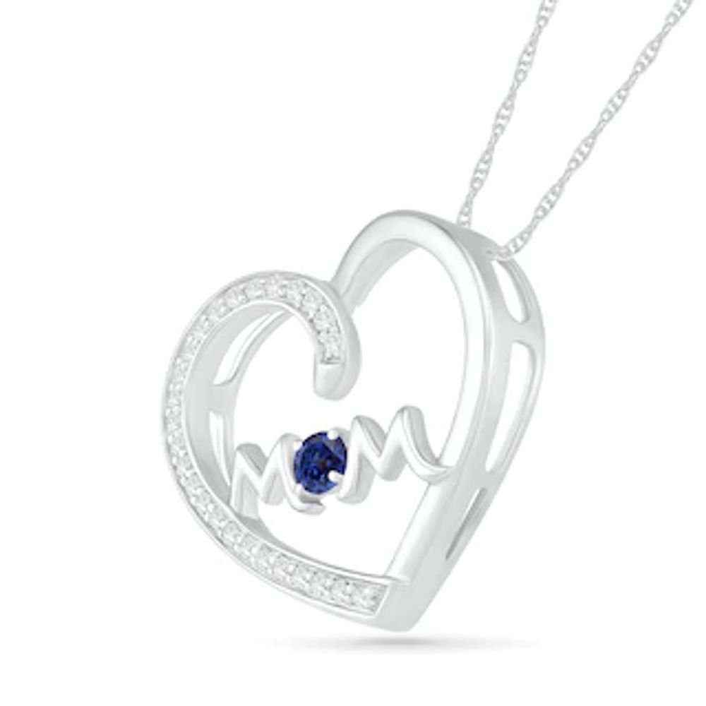 3.0mm Blue and White Lab-Created Sapphire "MOM" Tilted Loop Heart Pendant in Sterling Silver|Peoples Jewellers