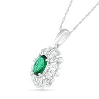 Oval Lab-Created Emerald and 0.066 CT. T.W. Diamond Starburst Frame Pendant in Sterling Silver|Peoples Jewellers