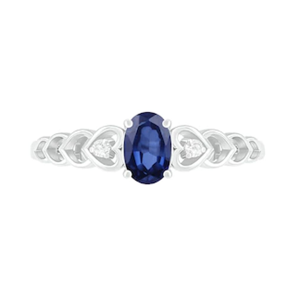 Oval Lab-Created Sapphire and Diamond Accent Heart-Sides Trio Ring in Sterling Silver|Peoples Jewellers