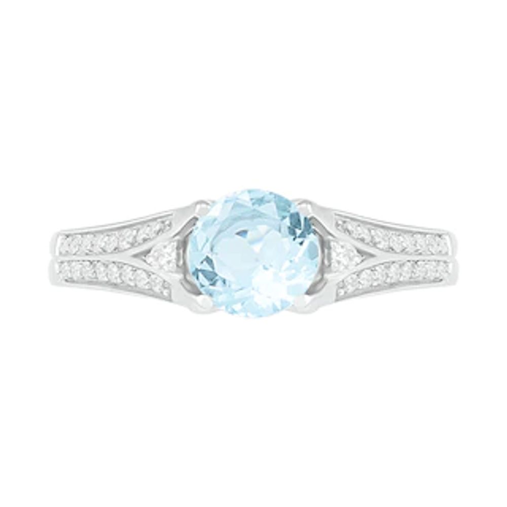 6.0mm Aquamarine and Lab-Created White Sapphire Split Shank Ring in Sterling Silver|Peoples Jewellers