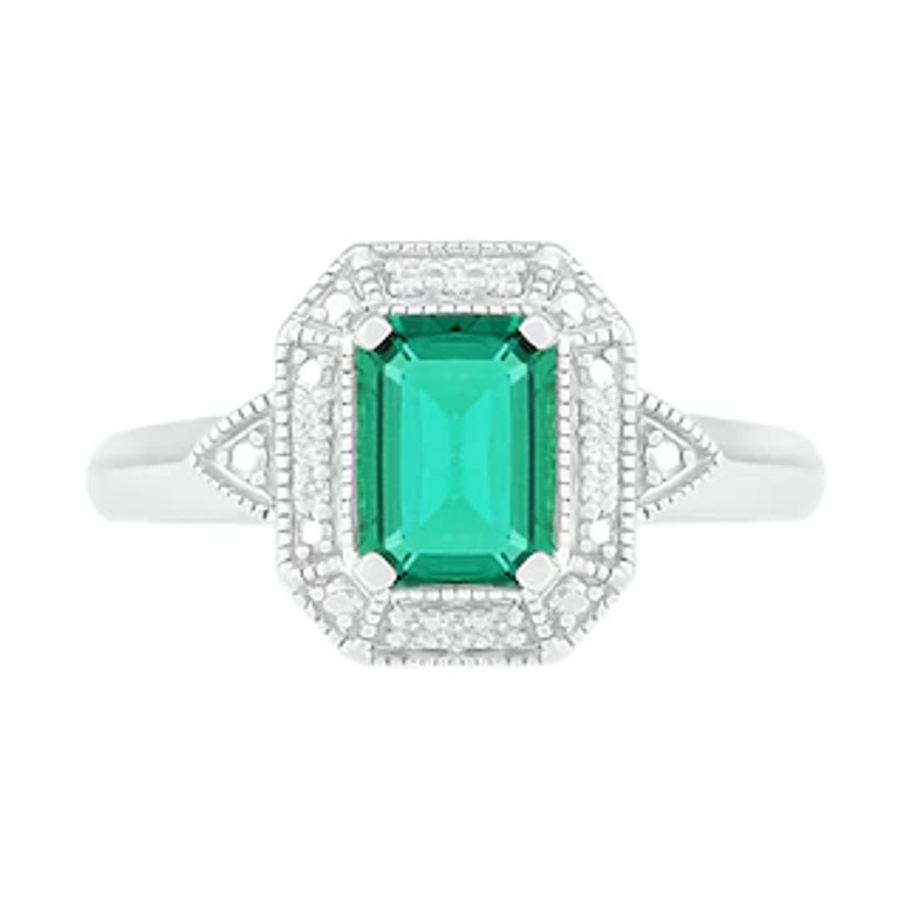 Emerald-Cut Lab-Created Emerald and 0.04 CT. T.W. Diamond Octagonal Frame Art Deco Vintage-Style Ring in Sterling Silver|Peoples Jewellers