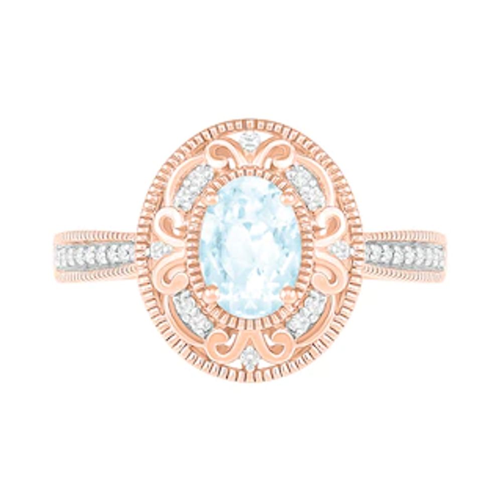 Oval Aquamarine and 0.115 CT. T.W. Diamond Scroll Frame Tapered Shank Vintage-Style Ring in 10K Rose Gold|Peoples Jewellers