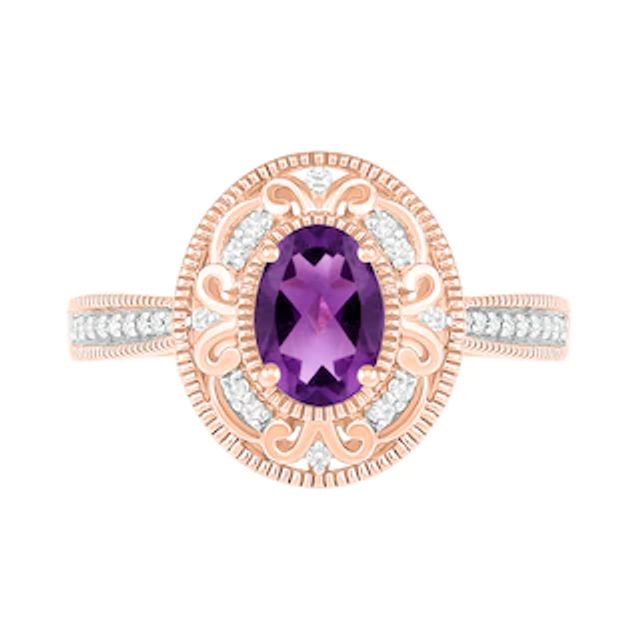 Oval Amethyst and 0.115 CT. T.W. Diamond Scroll Frame Tapered Shank Vintage-Style Ring in 10K Rose Gold|Peoples Jewellers