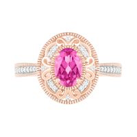 Oval Lab-Created Pink Sapphire and 0.115 CT. T.W. Diamond Scroll Frame Tapered Shank Vintage-Style Ring in 10K Rose Gold|Peoples Jewellers