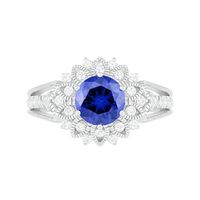 7.0mm Lab-Created Blue and White Sapphire Frame Triple Row Split Shank Vintage-Style Flower Ring in Sterling Silver|Peoples Jewellers