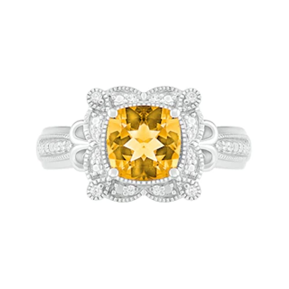 7.0mm Cushion-Shaped Citrine and 0.065 CT. T.W. Diamond Scallop Frame Loop Collar Vintage-Style Ring in 10K White Gold|Peoples Jewellers