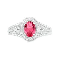 Oval Lab-Created Ruby and 0.115 CT. T.W. Diamond Frame Leaf-Sides Split Shank Vintage-Style Ring in Sterling Silver|Peoples Jewellers