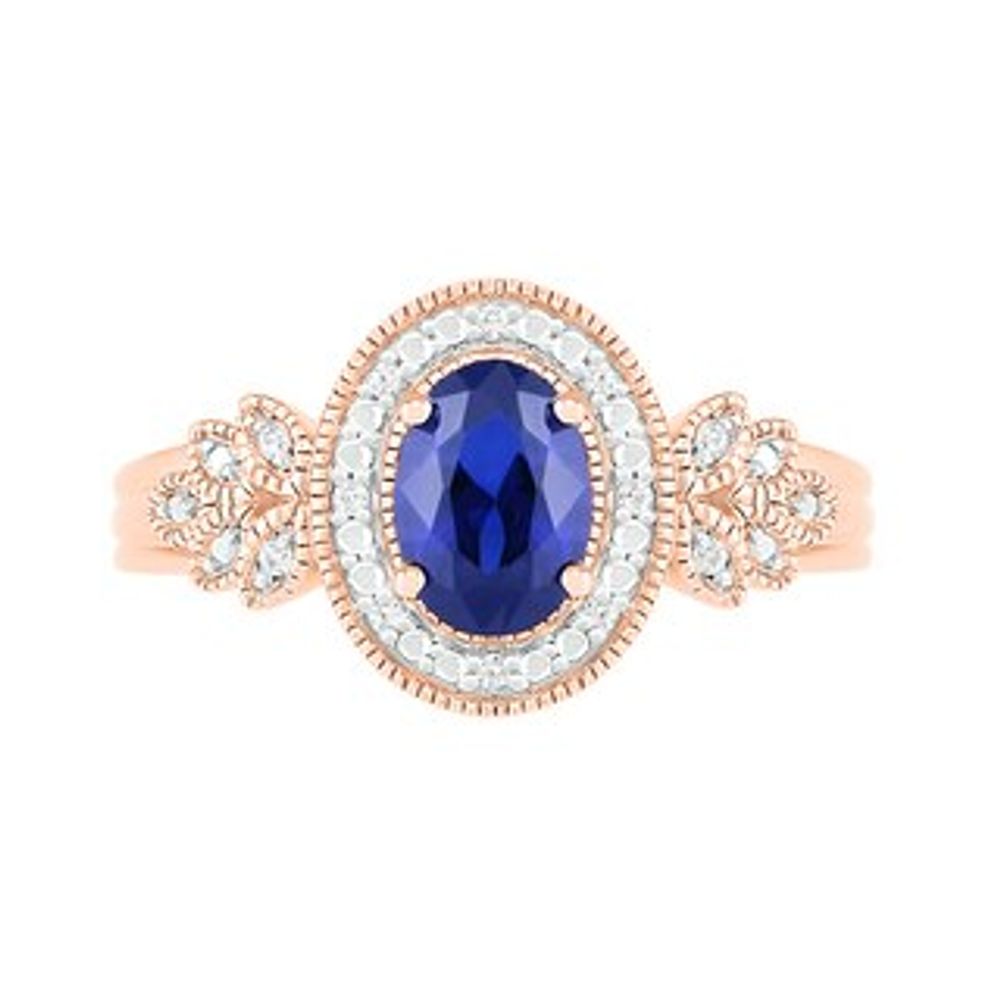 Oval Blue Lab-Created Sapphire and 0.04 CT. T.W. Diamond Frame Leaf-Sides Triple Row Vintage-Style Ring in 10K Rose Gold|Peoples Jewellers