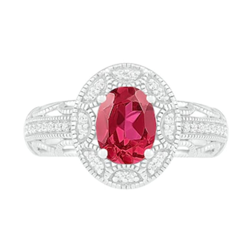 Oval Lab-Created Ruby and White Sapphire Frame Scallop Border Shank Vintage-Style Ring in Sterling Silver|Peoples Jewellers