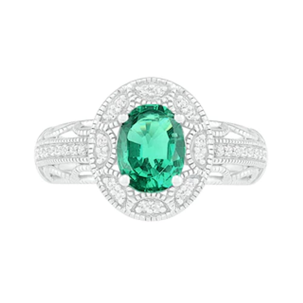 Oval Lab-Created Emerald and White Sapphire Frame Scallop Border Shank Vintage-Style Ring in Sterling Silver|Peoples Jewellers