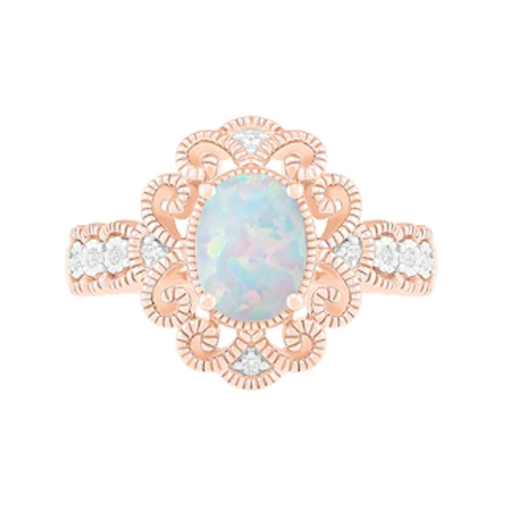 Oval Lab-Created Opal and 0.04 CT. T.W. Diamond Scroll Frame Scallop Shank Vintage-Style Ring in 10K Rose Gold|Peoples Jewellers