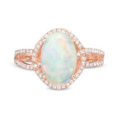 EFFY™ Collection Oval Opal and 0.33 CT. T.W. Diamond Frame Interlocking Loop Shank Ring in 14K Rose Gold|Peoples Jewellers