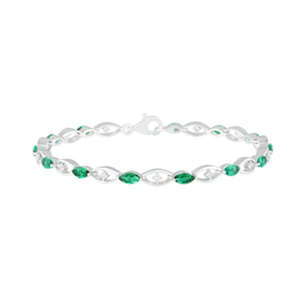 Marquise Lab-Created Emerald and White Sapphire Open Link Alternating Line Bracelet in Sterling Silver - 7.5"|Peoples Jewellers