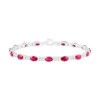 Oval Lab-Created Ruby and White Sapphire Barrel Link Alternating Line Bracelet in Sterling Silver - 7.25"|Peoples Jewellers