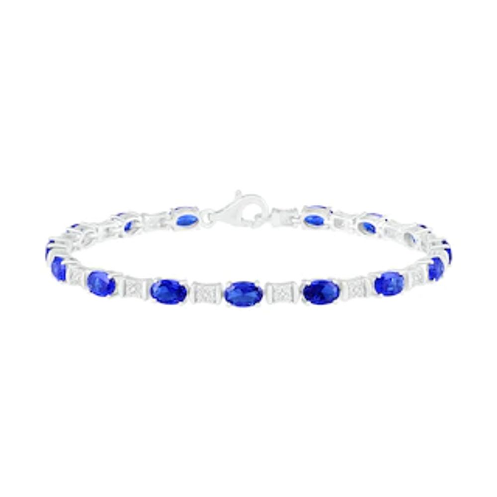 Oval Lab-Created Blue and White Sapphire Barrel Link Alternating Line Bracelet in Sterling Silver - 7.25"|Peoples Jewellers