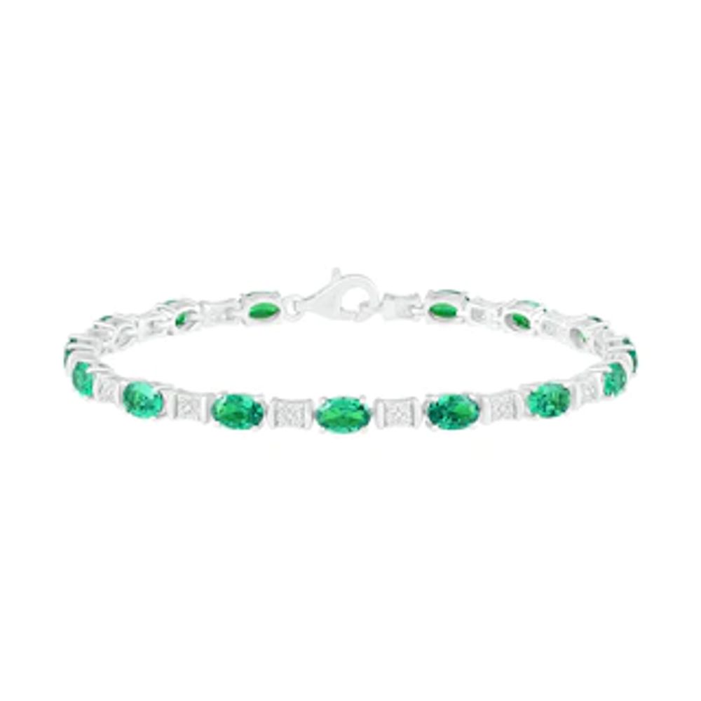 Oval Lab-Created Emerald and White Sapphire Barrel Link Alternating Line Bracelet in Sterling Silver - 7.25"|Peoples Jewellers