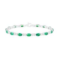 Oval Lab-Created Emerald and White Sapphire Barrel Link Alternating Line Bracelet in Sterling Silver - 7.25"|Peoples Jewellers