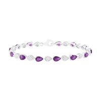 Pear-Shaped Amethyst and Lab-Created White Sapphire Teardrop Link Alternating Line Bracelet in Sterling Silver - 7.25"|Peoples Jewellers