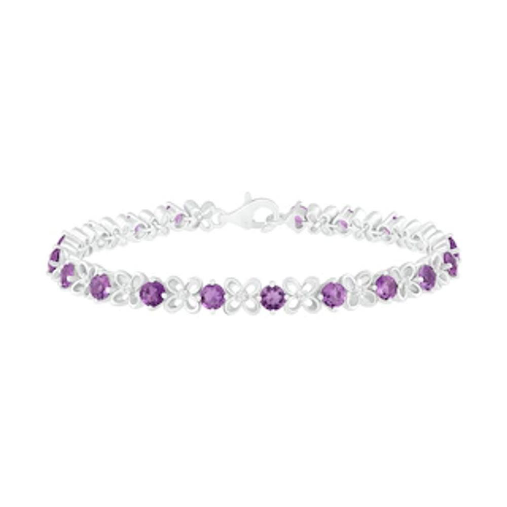 4.0mm Amethyst and Lab-Created White Sapphire Flower Link Alternating Line Bracelet in Sterling Silver - 7.25"|Peoples Jewellers