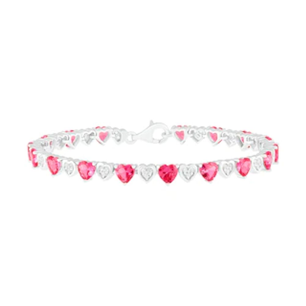 Heart-Shaped Lab-Created Ruby and White Sapphire Cluster Heart Link Alternating Line Bracelet in Sterling Silver - 7.25"|Peoples Jewellers