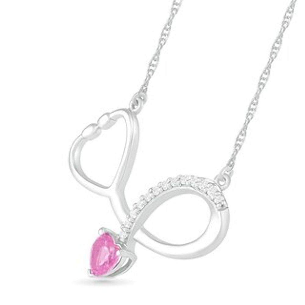 4.0mm Heart-Shaped Lab-Created Pink and White Sapphire Loop Stethoscope Necklace in Sterling Silver|Peoples Jewellers