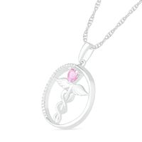 Heart-Shaped Lab-Created Pink Sapphire and 0.04 CT. T.W. Diamond Caduceus Open Circle Drop Pendant in Sterling Silver|Peoples Jewellers