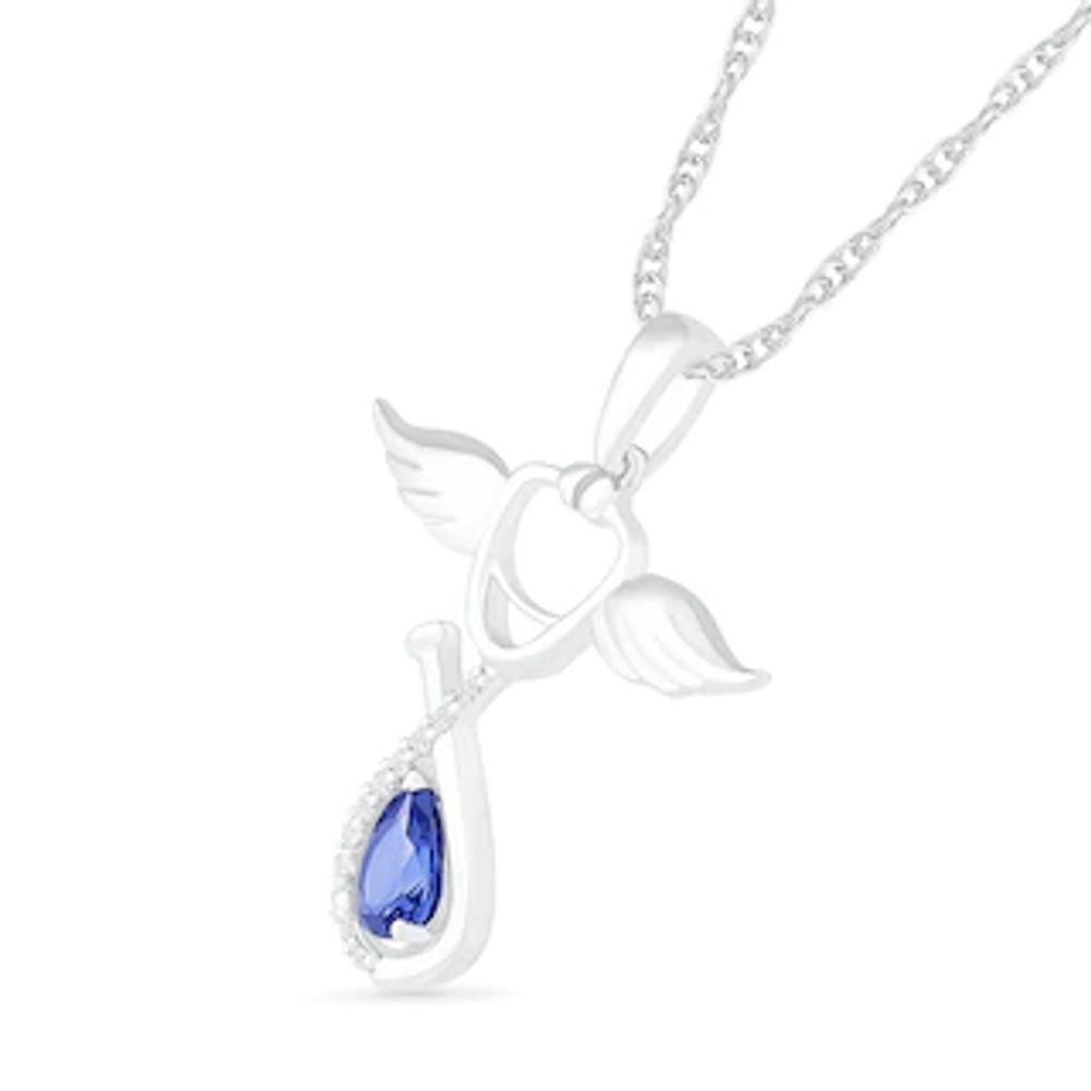 Pear-Shaped Lab-Created Blue and White Sapphire Loop Stethoscope with Wings Drop Pendant in Sterling Silver|Peoples Jewellers