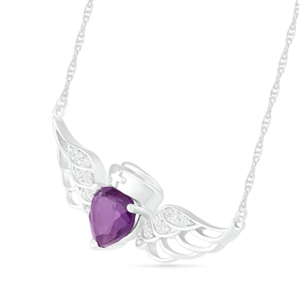 5.0mm Heart-Shaped Amethyst and Lab-Created White Sapphire Wings with Nurse Cap Necklace in Sterling Silver|Peoples Jewellers