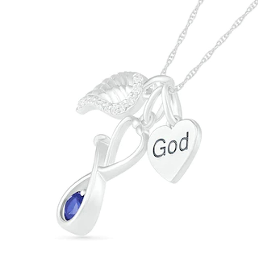 4.0mm Lab-Created Blue and White Sapphire Stethoscope, Wing and "God" Heart Disc Charm Pendant in Sterling Silver|Peoples Jewellers