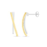 Polished and Rope-Textured Curved Bar Crossover J-Hoop Earrings in 10K Two-Tone Gold|Peoples Jewellers