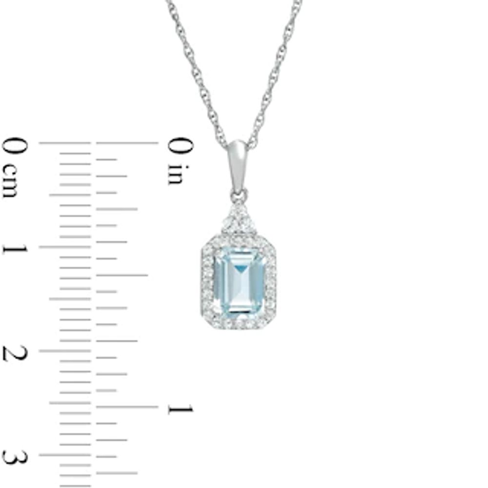 Emerald-Cut Aquamarine and Lab-Created White Sapphire Octagonal Frame Tri-Top Drop Pendant in Sterling Silver|Peoples Jewellers