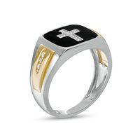 Men's 0.12 CT. T.W. Diamond Cross and Black Enamel Square-Top Stepped Edge Ring in 10K Two-Tone Gold|Peoples Jewellers
