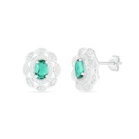 Oval Lab-Created Emerald and White Sapphire Open Double Frame Art Deco Stud Earrings in Sterling Silver|Peoples Jewellers